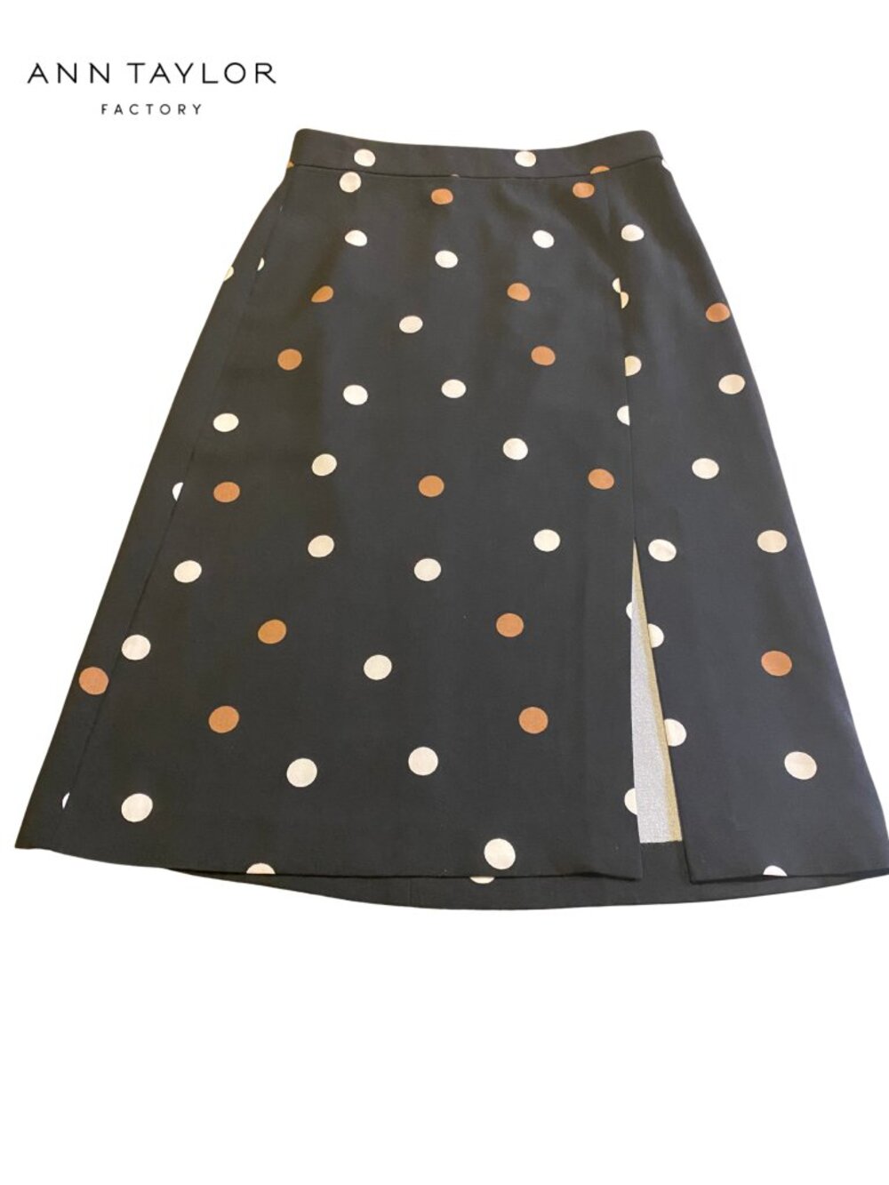 Ann Taylor Factory Black A-Line Midi  Skirt White and Camel Brown Polka Dots 00P